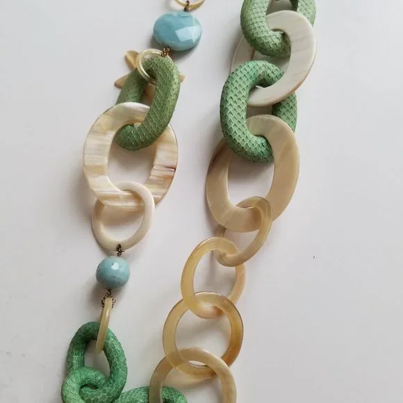 AMLE Italian Long Horn Green Chain Necklace with Python skin - Picture 15 of 16